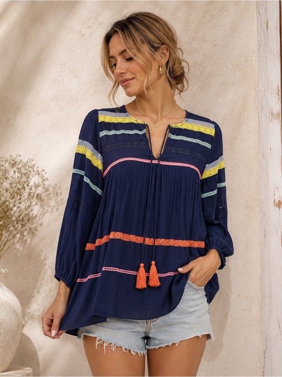 Tops - Boho Peasant Blouse Womens S Cottagecore Crochet Lace Tassel Festival Hippie Top